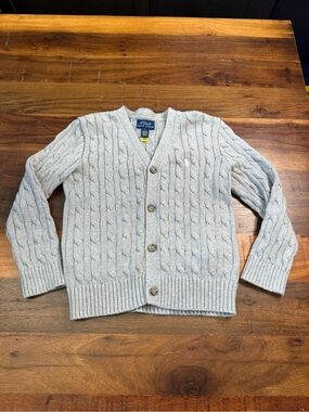 Polo Ralph Lauren Boys 7 Gray Cable Knit Cardigan Sweater Preppy